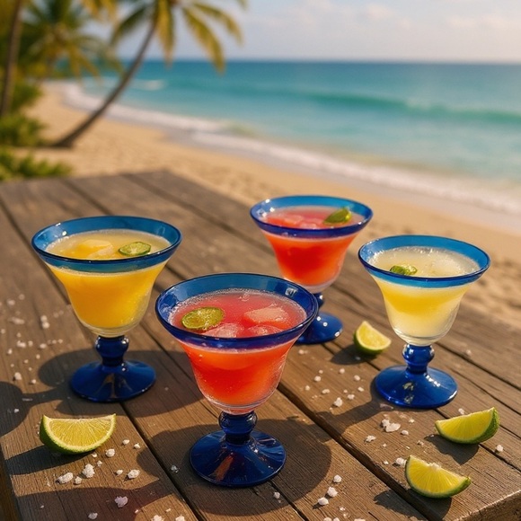 Vintage Mexican Hand Blown Cobalt Blue Rim/Bottom Wine Glasses Goblets Set of 4 - Picture 2 of 16